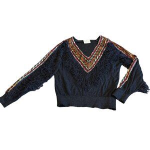 French Rags Nubby Pullover Silk Rayon Sweater Colorful Fringe Size Medium Womens